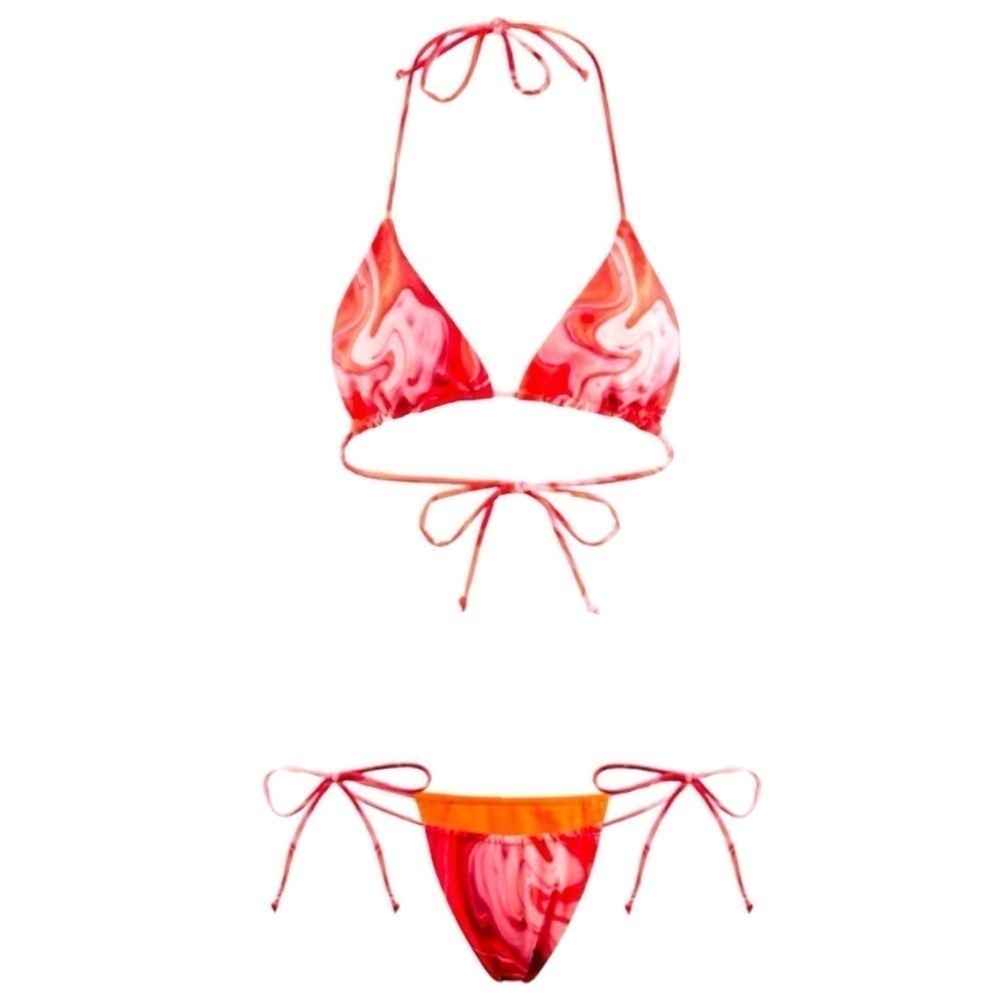 FARAI LONDON VALENTINA PINK MARBLE SWIRL STRING TRIANGLE TIE SIDE BIKINI SET